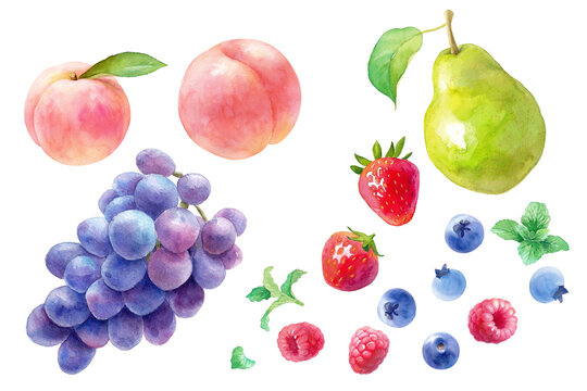 フレッシュな3種のベリー（ラズベリー、ストロベリー、ブルーベリー）と桃、葡萄、梨の水彩イラスト。切り抜きのアソート。（背景透過）
