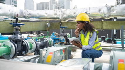 Service engineer woman dark skin wearing uniform and safety helmet under inspection and checking...
