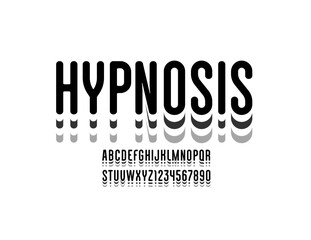 Condensed font, rounded narrow alphabet, modern letters and numbers