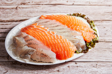Fresh salmon sashimi and white fish sashimi  