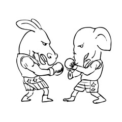 Fototapeta na wymiar Donkey and Elephant Boxers Black and White Drawing