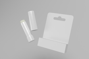 3d render mockup of blank white carton packaging with plastic insert of hygienic lipstick or lip balm to show package design