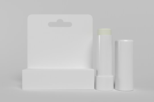 3d render mockup of blank white carton pack of hygienic lipstick or lip balm to show package design