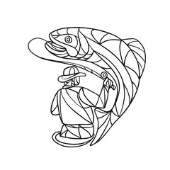 Fly Fisherman Catching Trout Mosaic Black and White