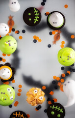 Halloween Gingerbread Cookies cooking background. Autumn holiday baking concept, top view white table copy space