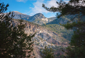 Fototapeta premium Butterfly Valley (kelebekler vadisi) in city of Oludeniz Fethiye in western Turkey. walk along famous Lycian Way, view of Mount Babadag