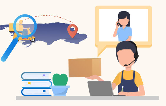 Call center coordinator between customers and the company's products. Help tracking customers' products. Searching location delivery man. EPS10 vector illustration. - Powered by Adobe