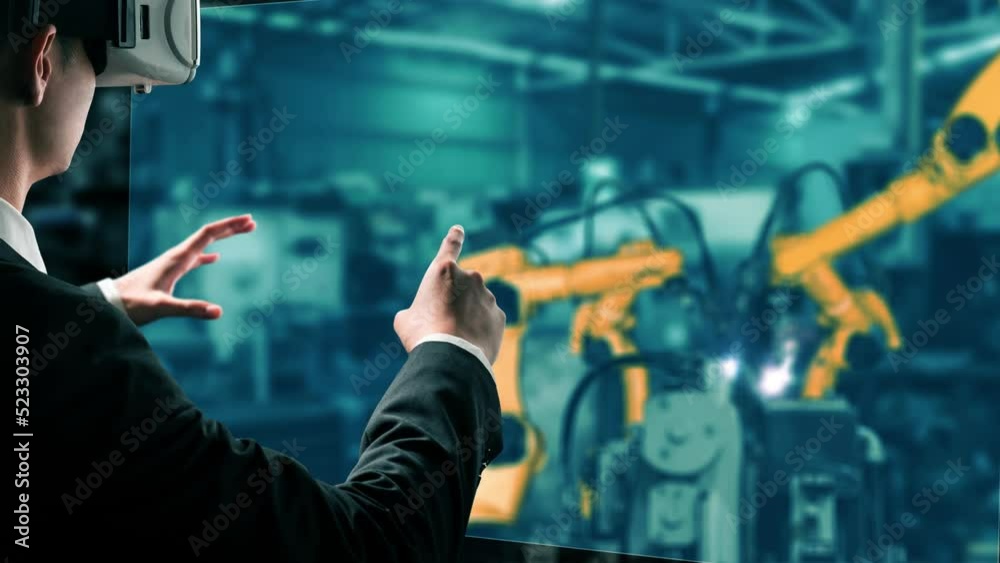 Poster engineer use cybernated robotic software to control industry robot arm in factory . automation manuf