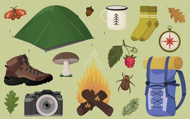 Camping, hiking equipment, forest tourists vector illustration set outdoor. Cartoon autumn camp travel tools collection for survival in wild, tent backpack  boots compass campfire camera isolated 