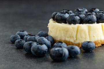 Close-up view of Blueberry cheesecake on stone background