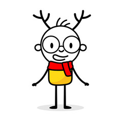 Man stands in red scarf and deer horns. Cartoon Christmas character concept. Isolated vector stock illustration