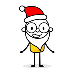 Man stands in Santa hat and white beard. Cartoon Christmas character concept. Isolated vector stock illustration