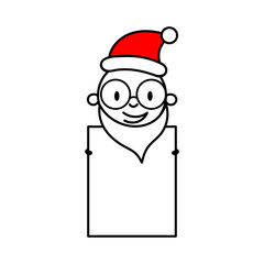 Man stands in Santa hat and white beard holding a blank banner. Cartoon Christmas character concept. Isolated vector stock illustration