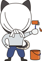 頭にタオルを被った黒柴犬が、腰に手を当てローラーをもつ後ろ姿のイラスト