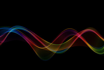 Abstract black background with curved wavy transparent multicolored wave. Template for design presentation, flyer, postcard, web page.