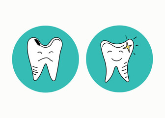 The teeth are sick and healthy. Doodle style. Teeth plaque, shiny white teeth. Oral hygiene and toothache. Dental happy and sad vector characters.	