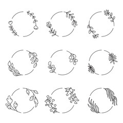 Set of black doodles of hand drawn decorative wreaths with plants, herbs and leaves. Vector illustration. Round frames with floral ornaments.