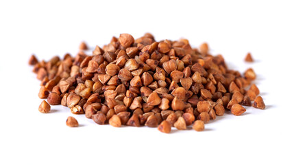Pile of buckwheat seeds isolated on white background, closeup