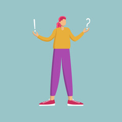 Modern woman with question and exclamation marks. Young thinking man. Problem and solution concept. Question and answer. Dilemma and understanding. Vector flat illustration. Isolated background.