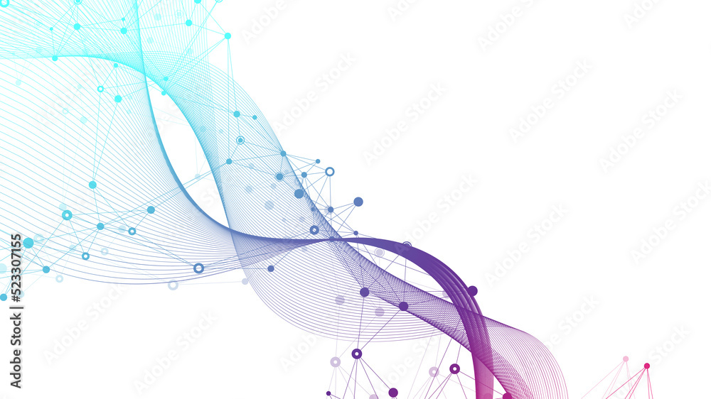 Poster Expansion of life. Colorful explosion background with connected line and dots, wave flow. Visualization Quantum technology. Abstract graphic background explosion, motion burst illustration.