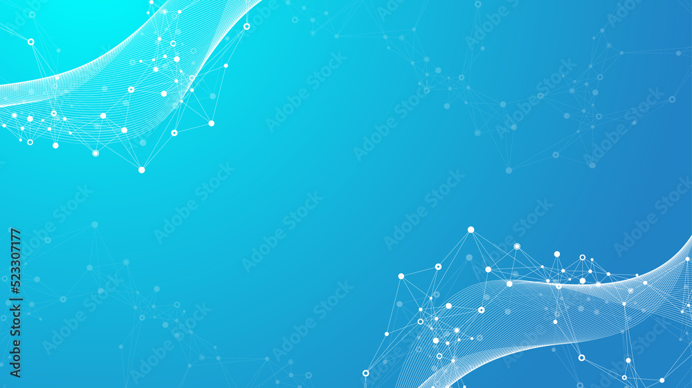 Poster Digits abstract illustration with connected line and dots, wave flow. Digital neural networks. Network and connection background for your presentation. Graphic polygonal background.