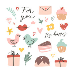 Set of pink graphic elements for Wedding, Valentines day on a white background. Hand drawn flat vector illustrations. Ideal for prints, sublimation, greeting card, invitation, engagement.