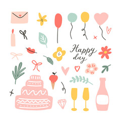 Big set of pink graphic elements for Wedding, Birthday party on a white background. Hand drawn flat vector illustrations. Ideal for prints, sublimation, greeting card, invitation., baby shower.