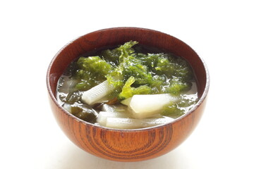 Japanse radish and seaweed miso soup in bowl with copy space 