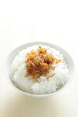 Japanese food, seasoning small sardines fish on pearl rice