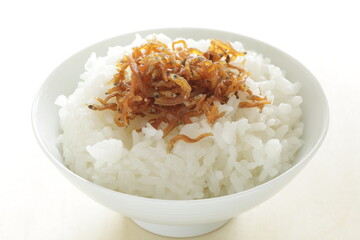 Japanese food, seasoning small sardines fish on pearl rice