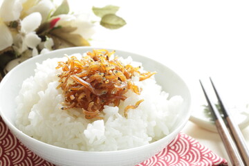 Japanese food, seasoning small sardines fish on pearl rice