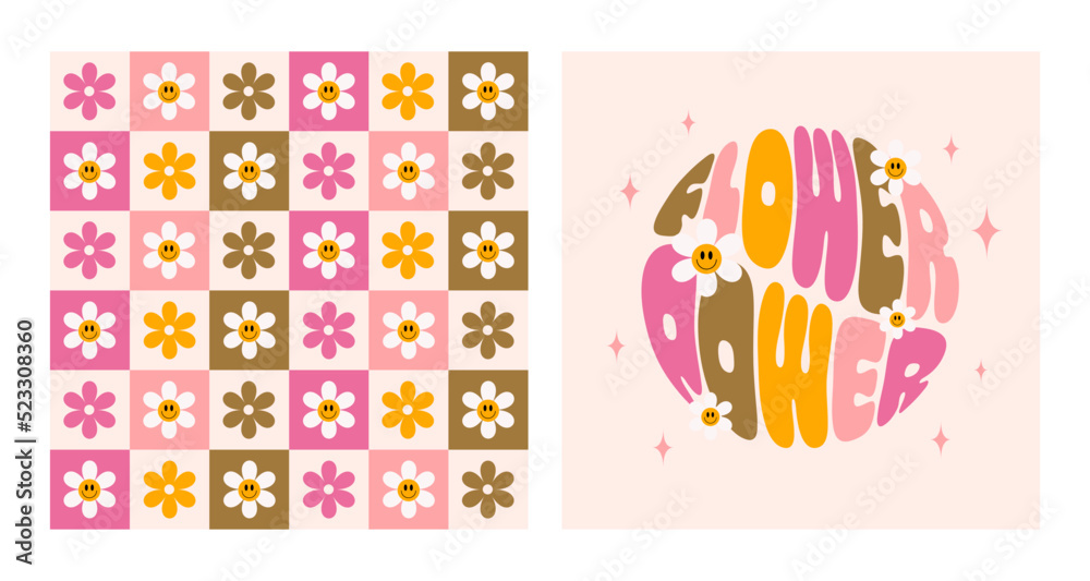 Aufkleber Retro set flower power slogan with smiling flowers in round shape and checkered seamless pattern. Trendy groovy print design in hippie style 60s, 70s. Vector illustration. Pastel colors