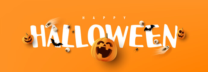 Happy Halloween horizontal banner. Orange festive banner with 3d spooky pumpkins, candy eyes, paper bats and spiders. Vector illustration. Happy Halloween holiday banner.