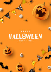 Happy Halloween holiday poster. Orange festive banner with 3d spooky pumpkins, candy eyes, paper bats, spiders and garlands. Vector illustration. Happy Halloween holiday banner.