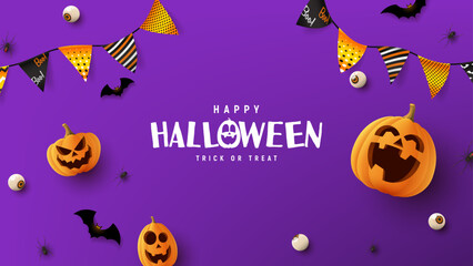 Happy Halloween holiday banner. Purple festive banner with 3d spooky pumpkins, candy eyes, paper bats, spiders and garlands. Vector illustration. Happy Halloween holiday banner.