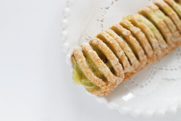 Green tea cream pie on dish with for sweet food image