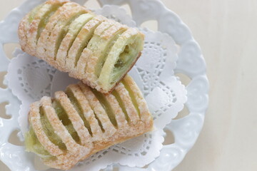 Green tea cream pie on dish with for sweet food image