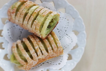 Green tea cream pie on dish with for sweet food image