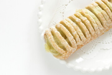 Green tea cream pie on dish with for sweet food image