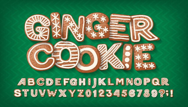 Ginger Cookie alphabet font. Cartoon letters and numbers with shadow. Christmas holiday vector illustration for your typography design.