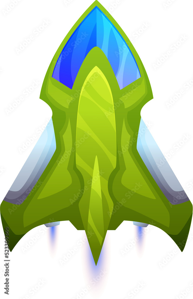 Poster booster flaming rocket on start isolated spaceship