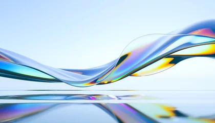 Foto op Aluminium 3d render abstract background in nature landscape. Transparent glossy glass ribbon on water. Holographic curved wave in motion. Iridescent design element for banner background, wallpaper. © Berezovska Anastasia