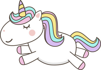 Cute Unicorn Cartoon Character vectors with pastel rainbow . Kawaii Filly Unicorn, Fairytale pony isolated on white background.