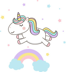 Cute Unicorn Cartoon Character vectors with pastel rainbow . Kawaii Filly Unicorn, Fairytale pony isolated on white background.