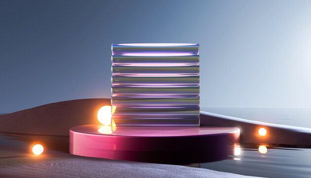 3d render round platform on water with glass wall panels. Minimal landscape mockup for product showcase banner in dark purple colors. Modern promotion mock up. Geometric background with empty space.