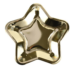 Golden star shaped paper party plate on transparent background