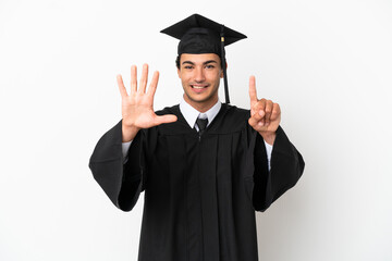 Young university graduate over isolated white background counting six with fingers