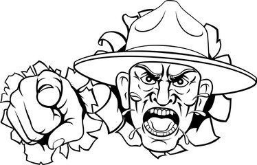 An angry army bootcamp drill sergeant soldier pointing at the viewer and shouting cartoon