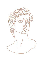 One line Michelangelo's David portrait. Classical greek sculpture. Vector art for design of posters, clothes, logo, tattoo, invitations.