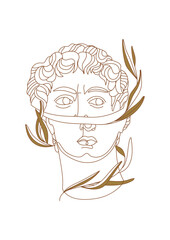 Broken head of Michelangelo's David with branch. One line mystic greek sculpture. Contemporary vector art for design of posters, clothes, logo, tattoo, invitations.